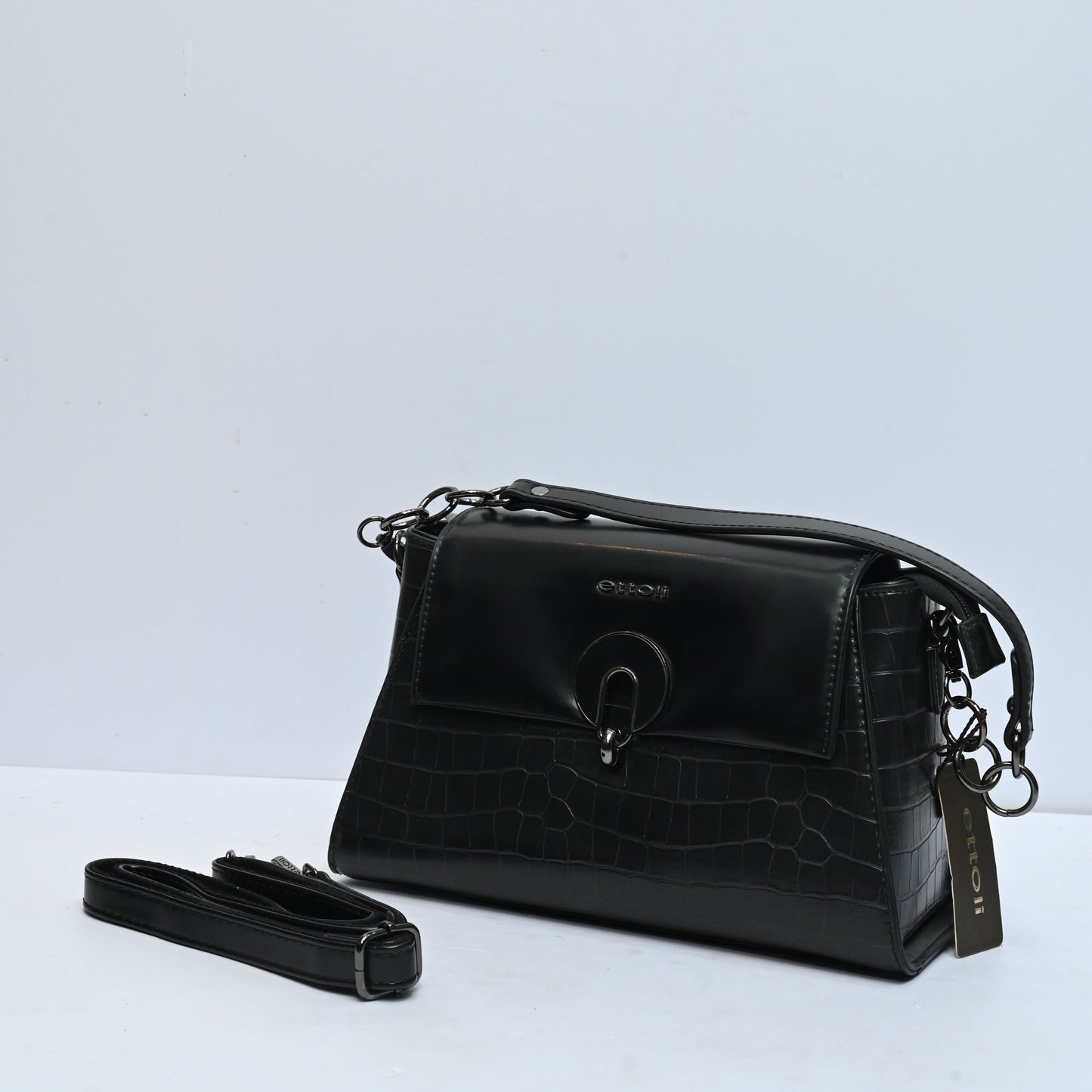 Bella Premium Top Handle Shoulder Bag for Women in Tan Black with Croc Texture Finish