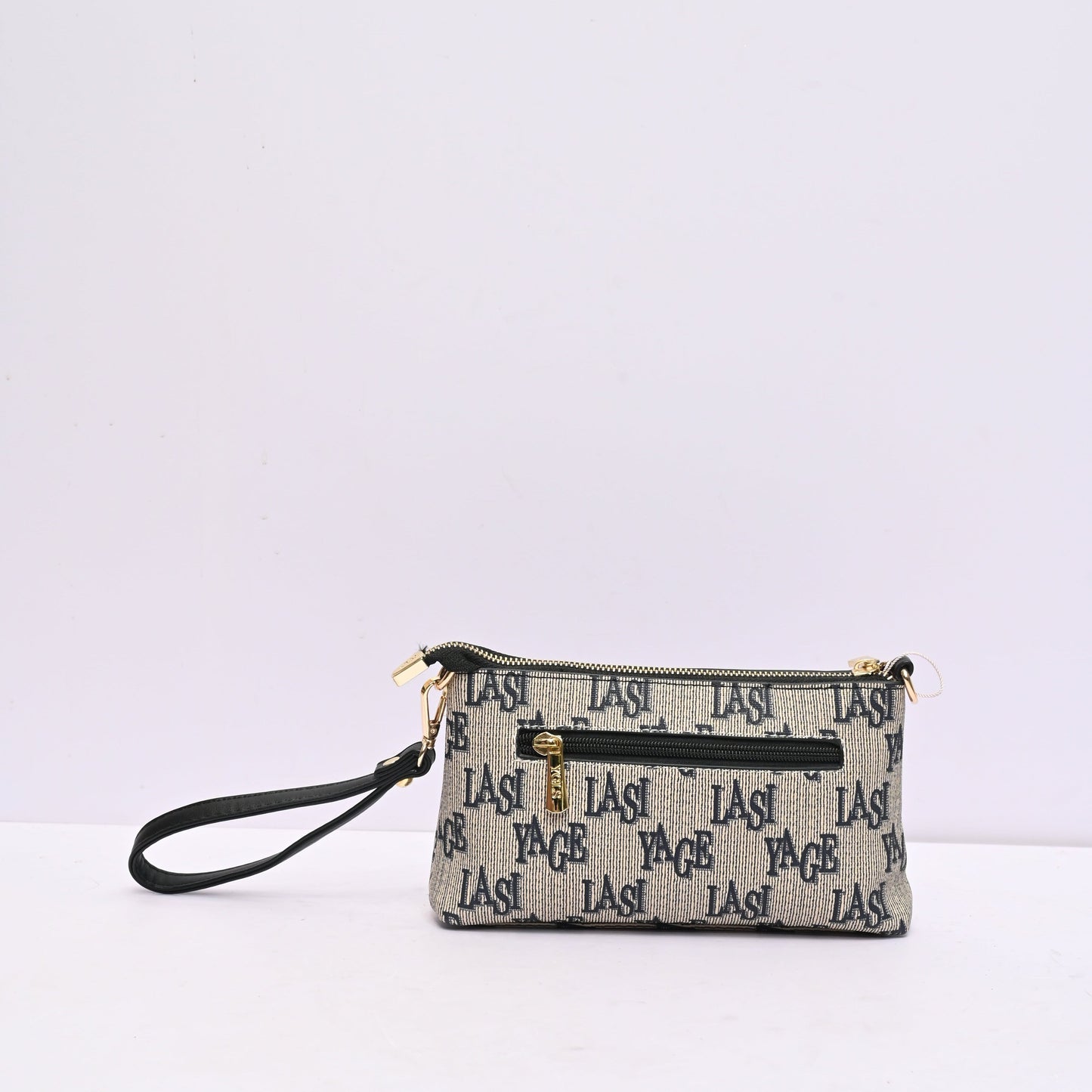 Classic Wristlet Clutch for Women in Grey and Black Monogram Design with Detachable Shoulder Strap and Zip Closure.