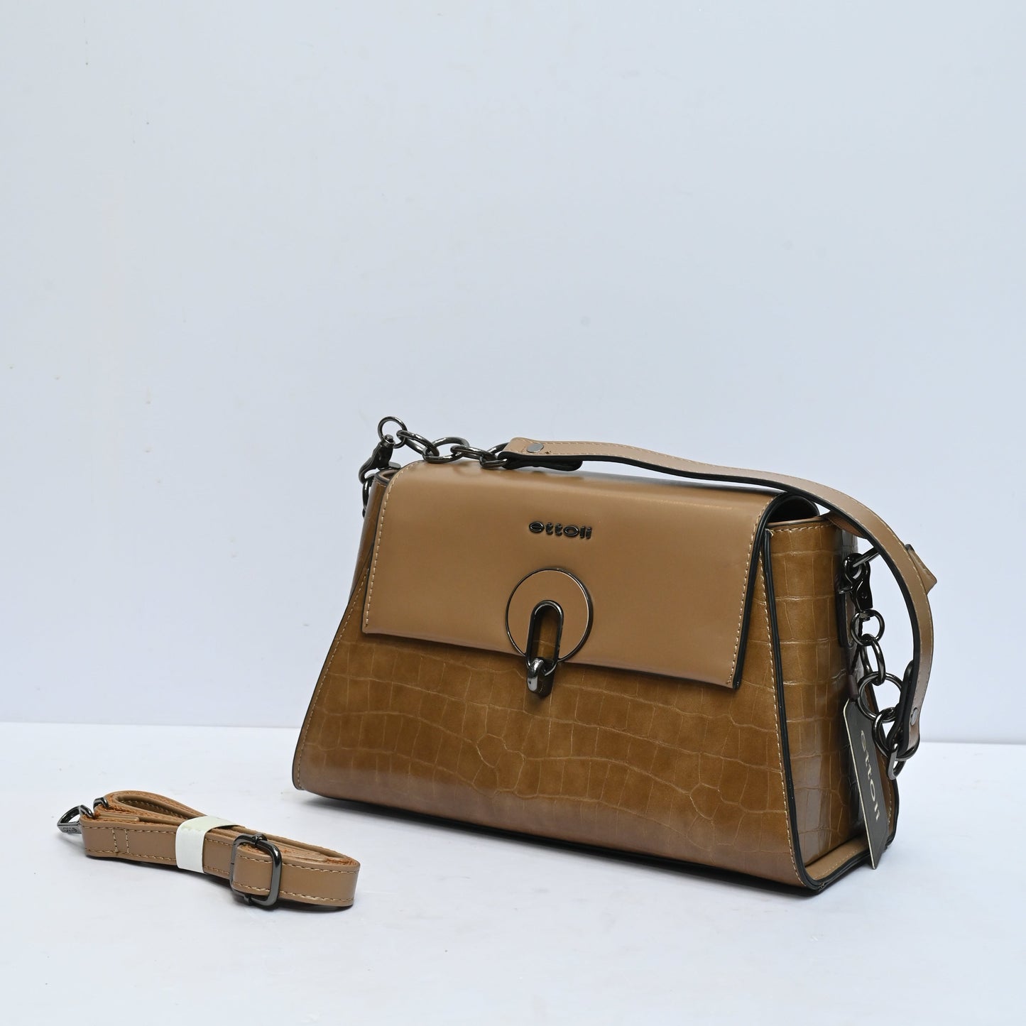 Bella Premium Top Handle Shoulder Bag for Women in Tan Brown with Croc Texture Finish