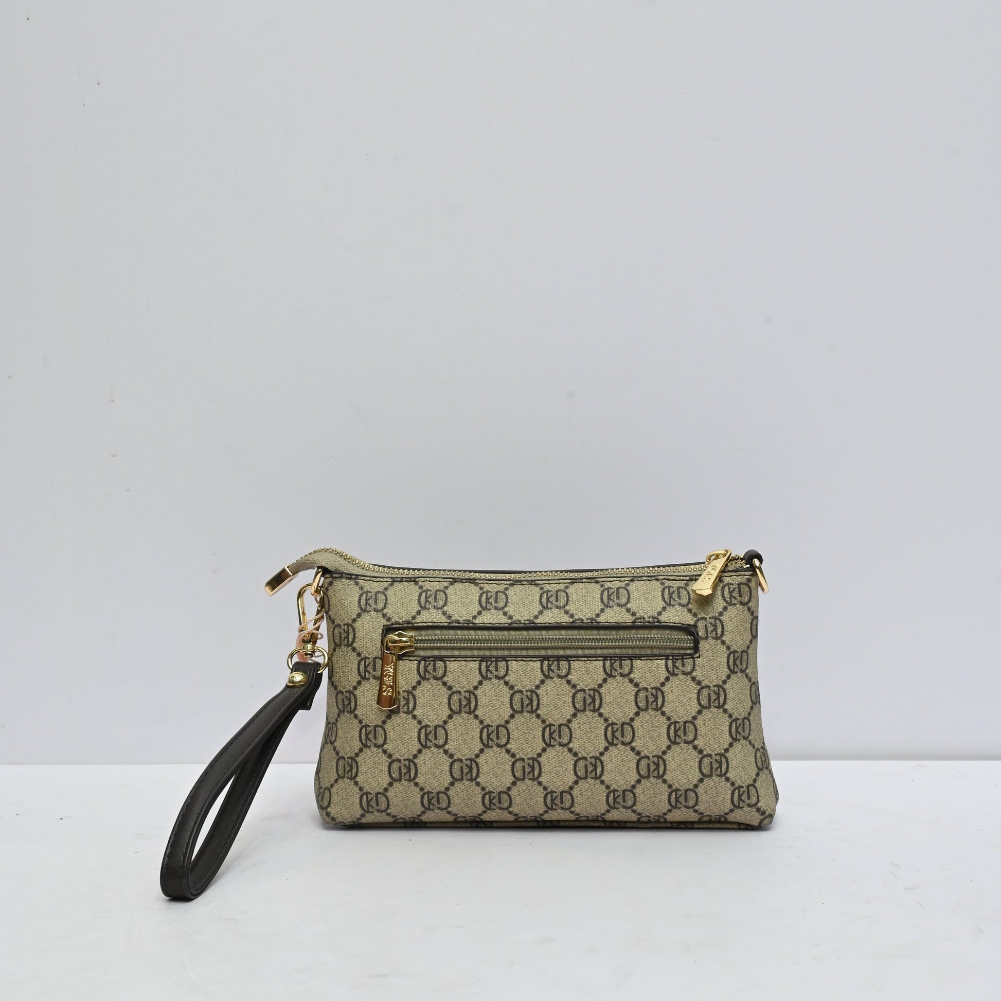 Classic Wristlet Clutch for Women in Beige and Black Monogram Design with Detachable Shoulder Strap and Zip Closure