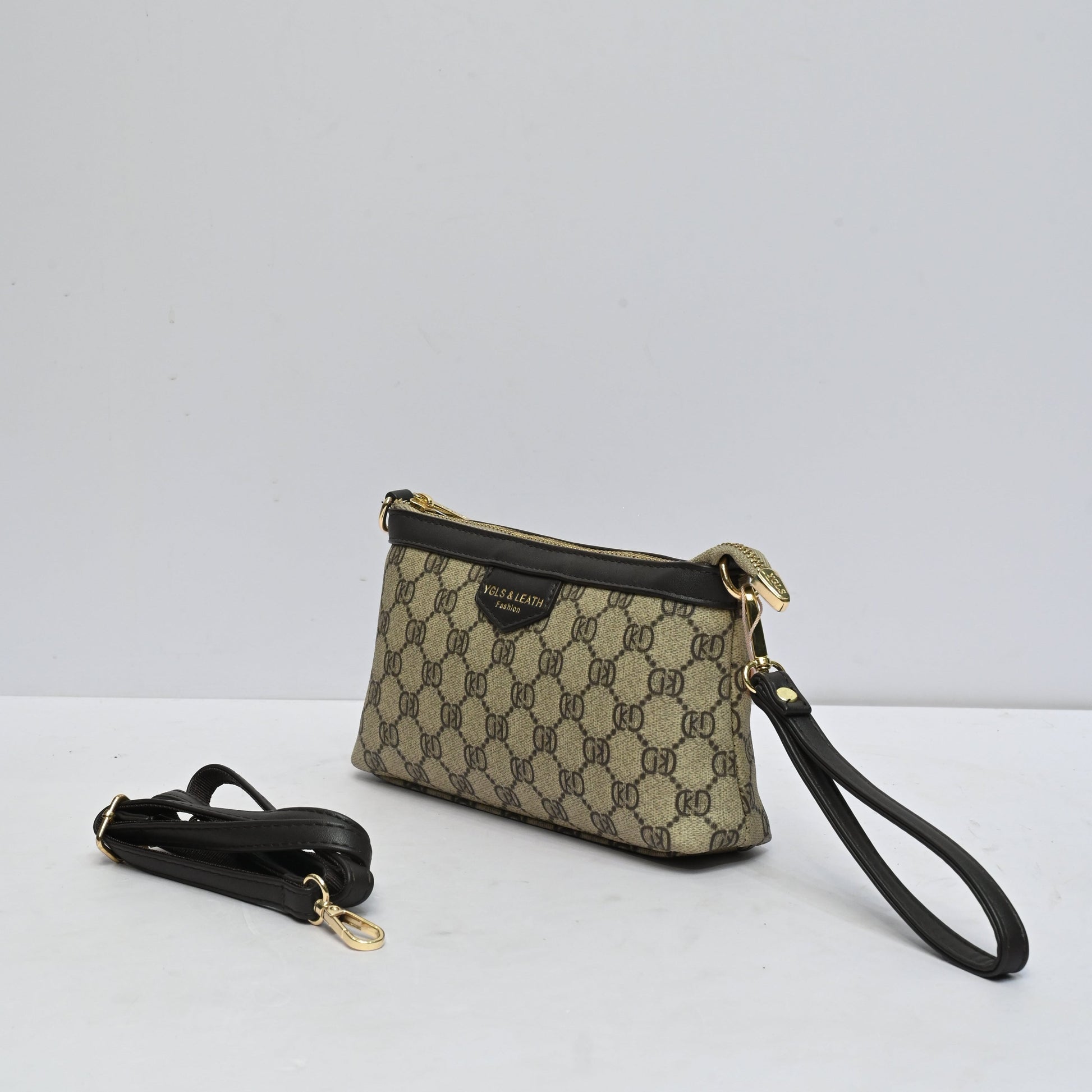 Classic Wrestle Clutch for Women in Beige and black Monogram Design with Detachable Shoulder Strap and Zip Closure