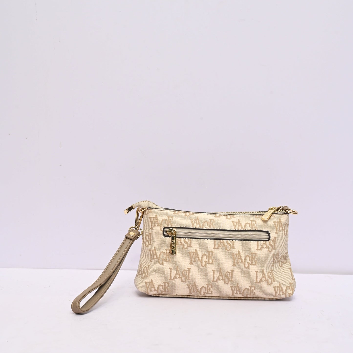 Classic Wristlet Clutch for Women in Beige and Brown Monogram Design with Detachable Shoulder Strap and Zip Closure