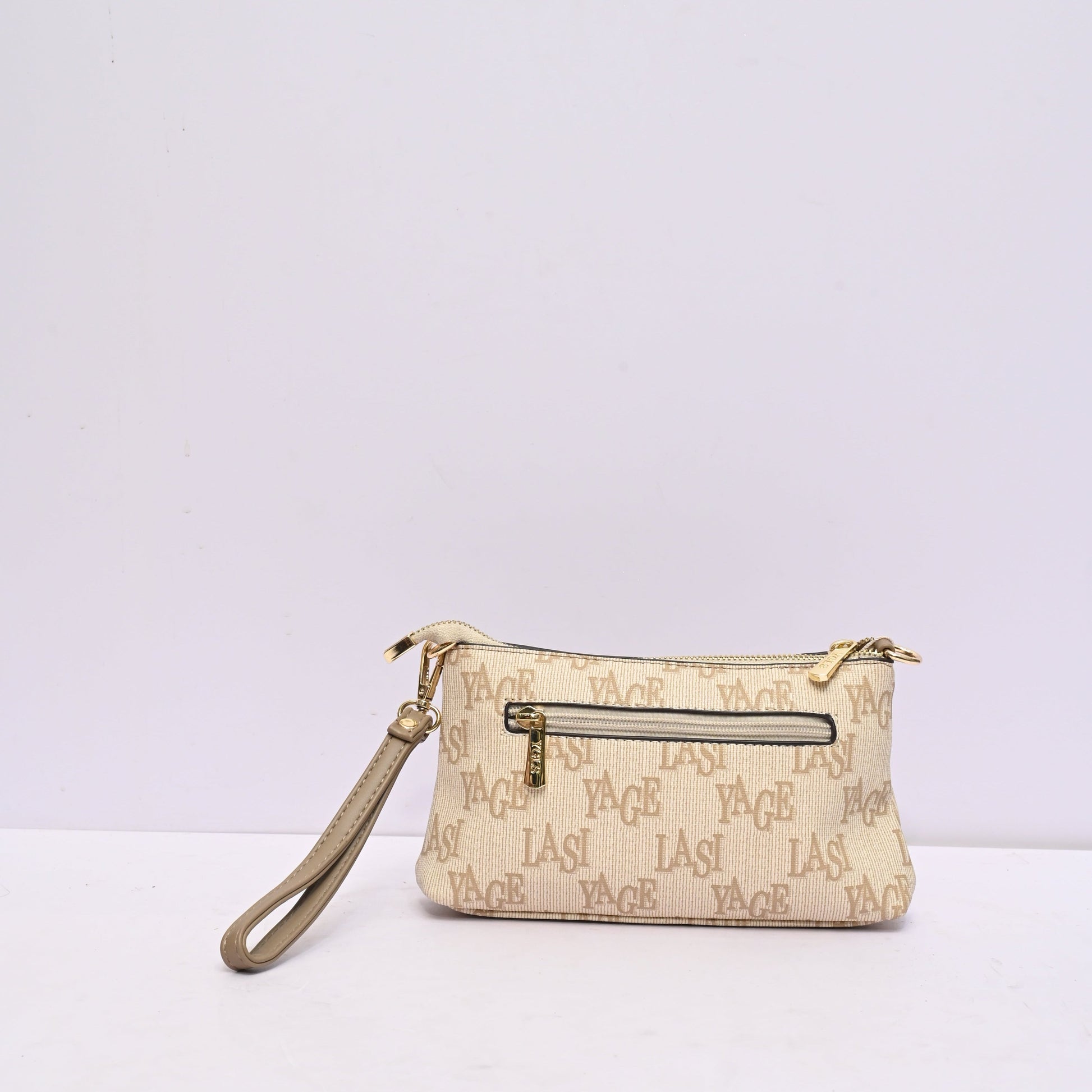 Classic Wristlet Clutch for Women in Beige and Brown Monogram Design with Detachable Shoulder Strap and Zip Closure