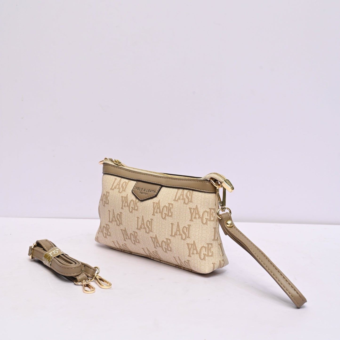 Classic Wristlet Clutch for Women in Beige and Brown Monogram Design with Detachable Shoulder Strap and Zip Closure