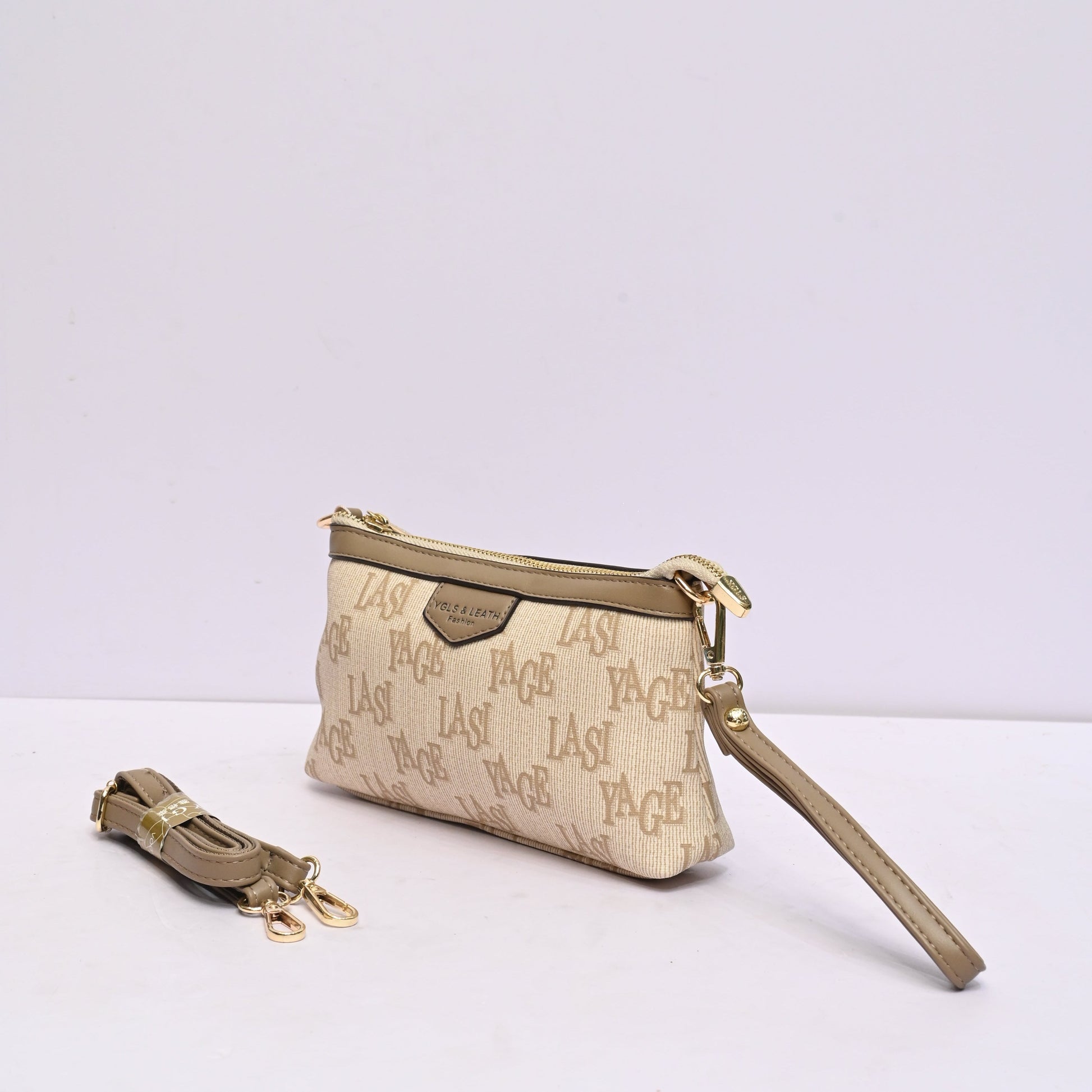 Classic Wristlet Clutch for Women in Beige and Brown Monogram Design with Detachable Shoulder Strap and Zip Closure