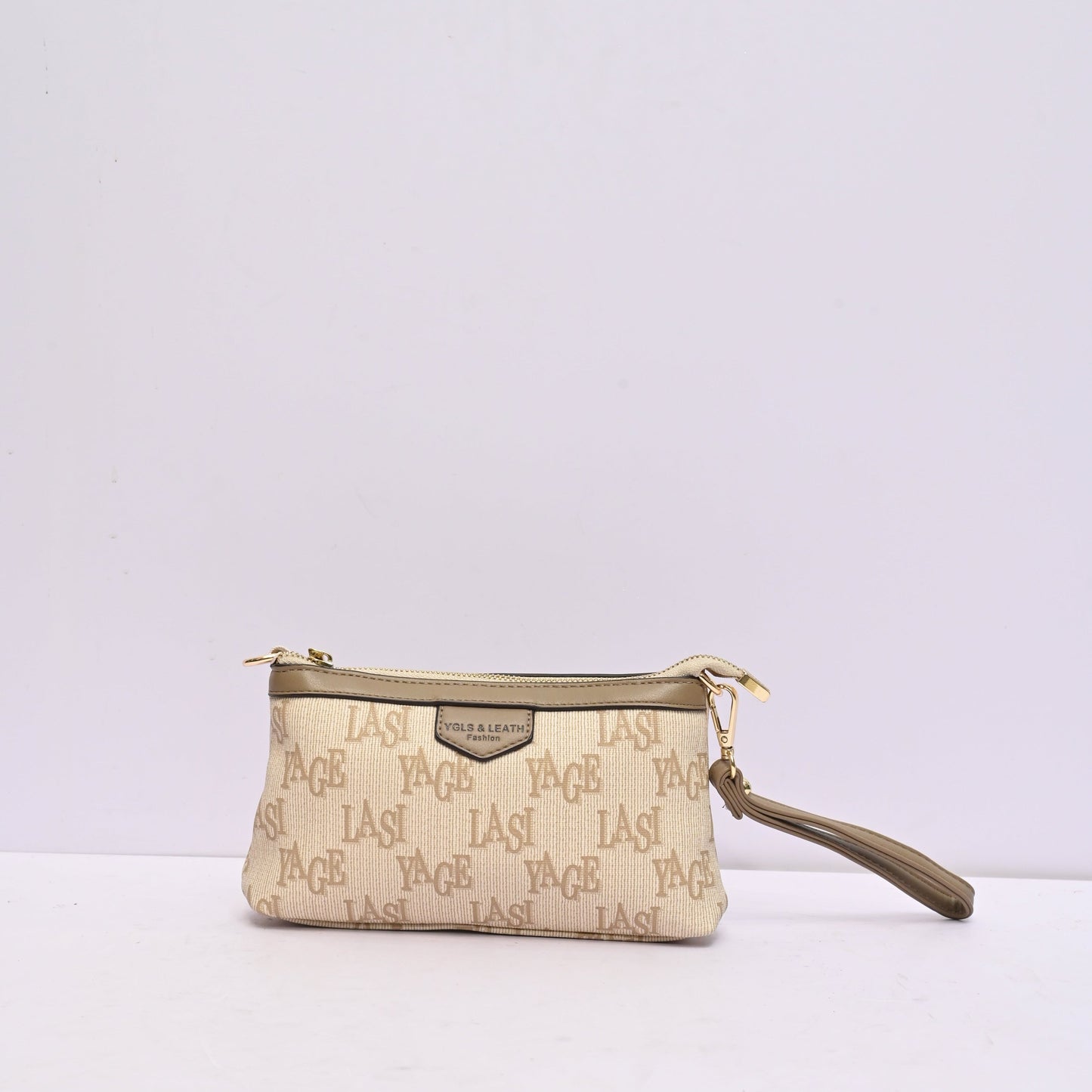 Classic Wristlet Clutch for Women in Beige and Brown Monogram Design with Detachable Shoulder Strap and Zip Closure