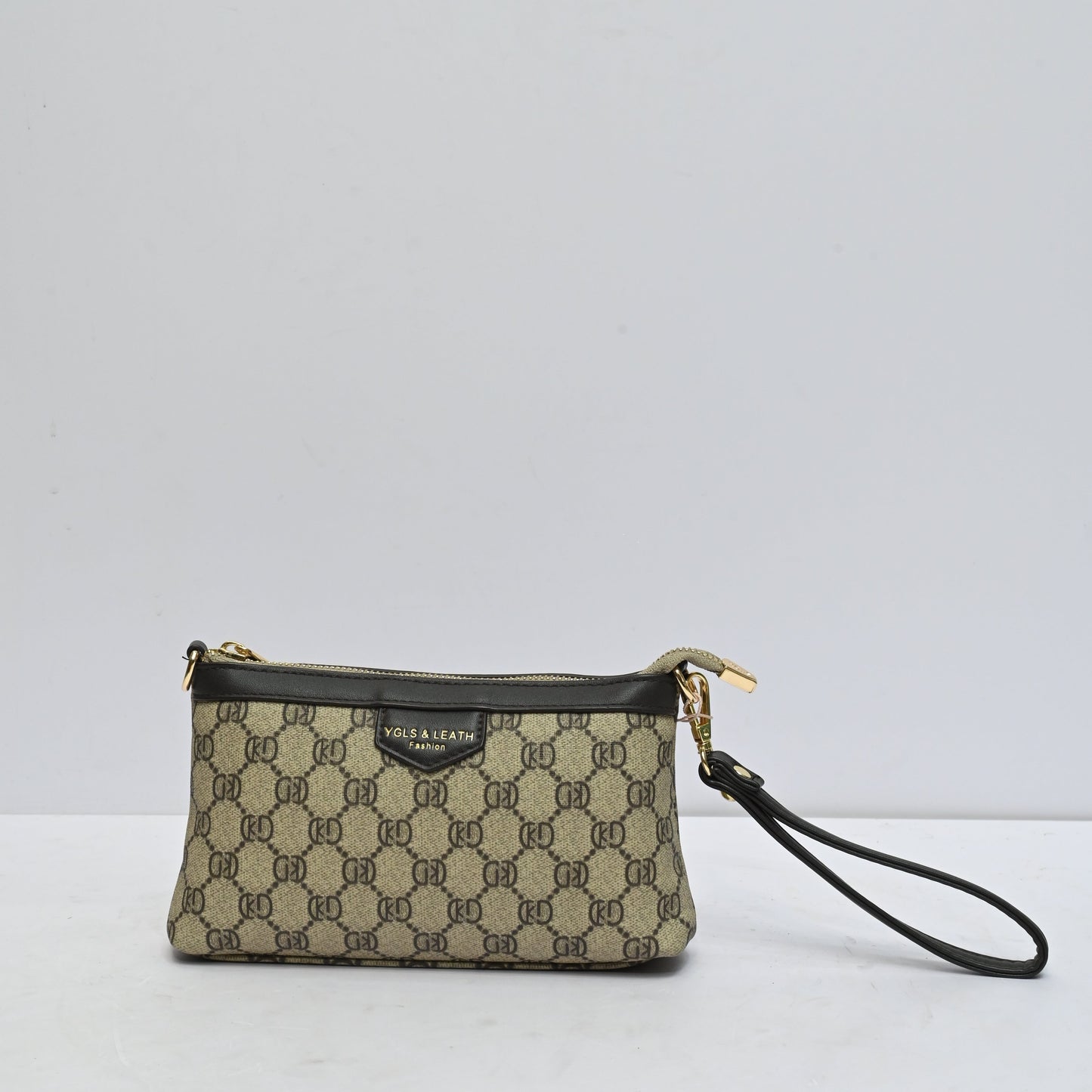 Classic Wrestle Clutch for Women in Beige Monogram Design with Detachable Shoulder Strap and Zip Closure