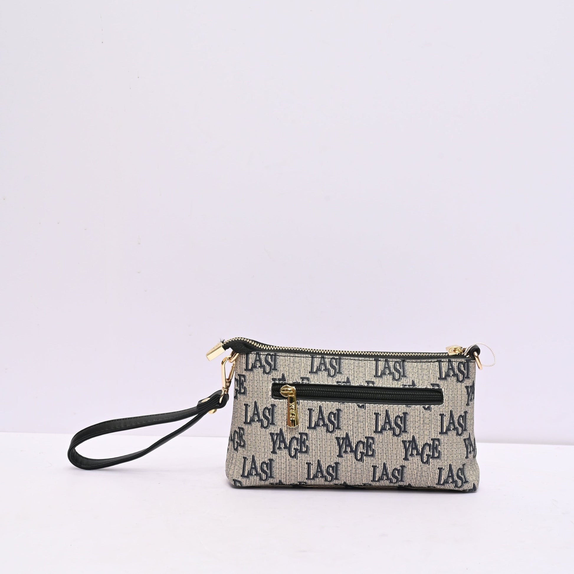Classic Wristlet Clutch for Women in Grey and Black Monogram Design with Detachable Shoulder Strap and Zip Closure.