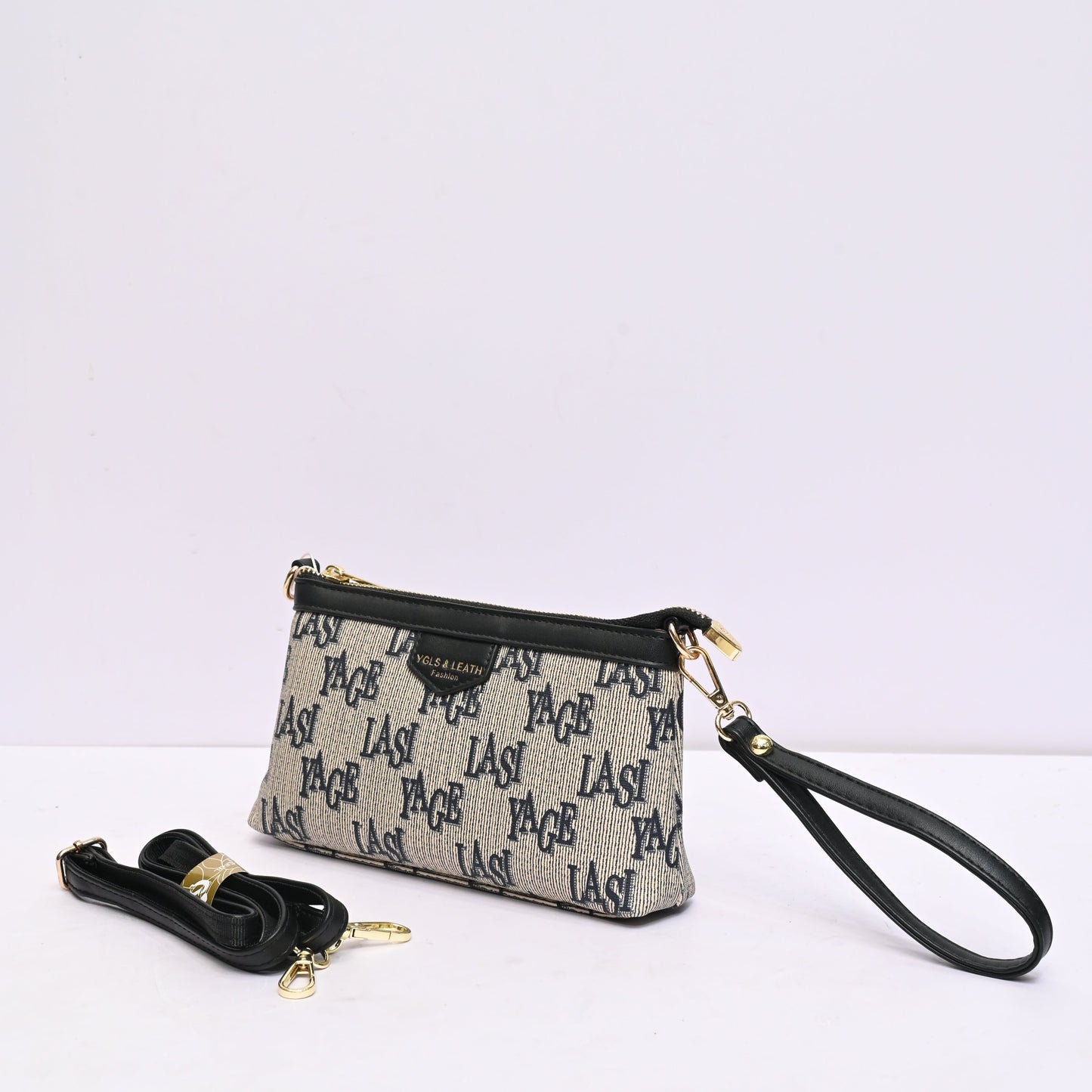 Classic Wristlet Clutch for Women in Grey and Black Monogram Design with Detachable Shoulder Strap and Zip Closure