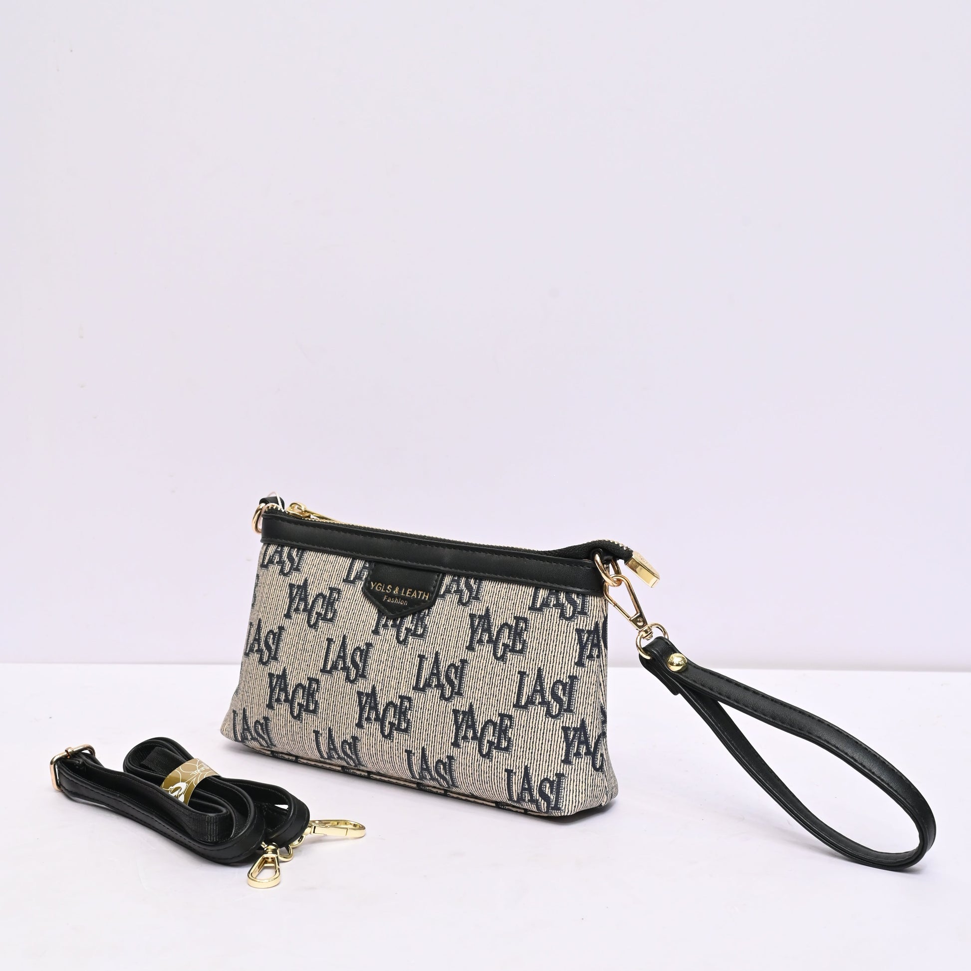 Classic Wristlet Clutch for Women in Grey and Black Monogram Design with Detachable Shoulder Strap and Zip Closure