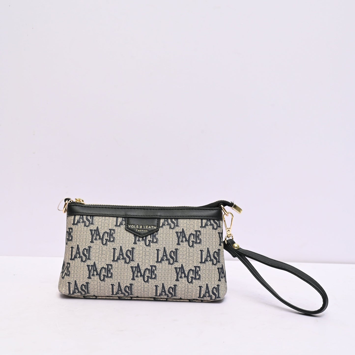 Classic Wristlet Clutch for Women in Grey and Black Monogram Design with Detachable Shoulder Strap and Zip Closure