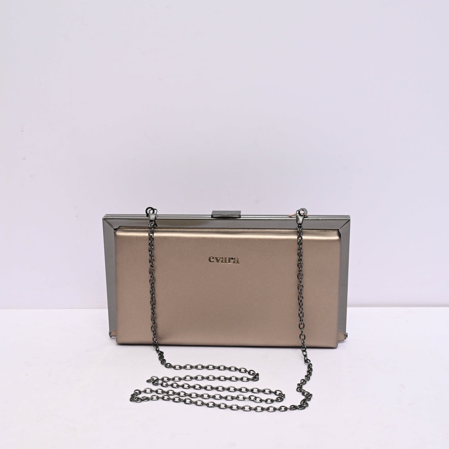 Elegance Box Clutch for Women in Blush Golden with Chain Strap and Metal Frame