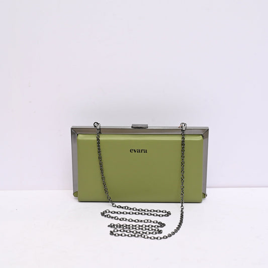 Elegance Box Clutch for Women in Blush Olive with Chain Strap and Metal Frame