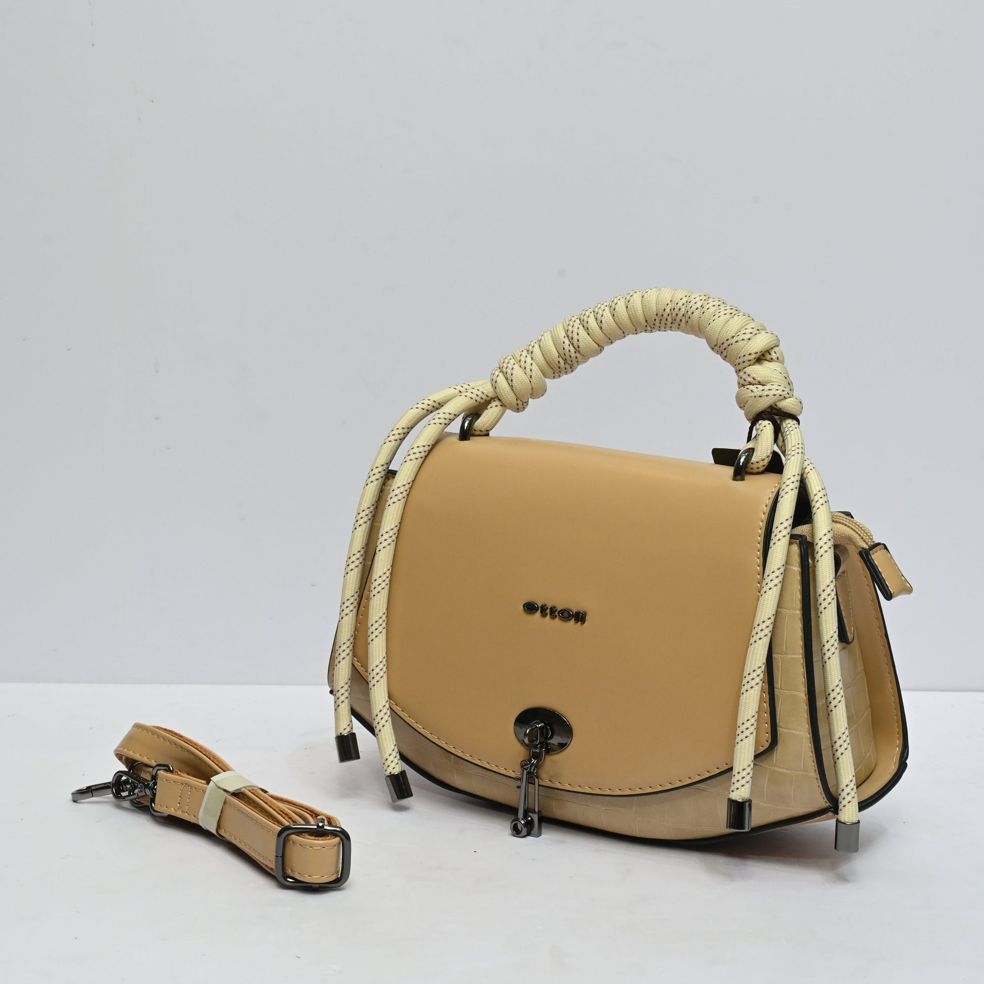 Ivory Luxe Knot Handle Handbag for Women in Cream Beige with Structured Satchel Design Gold Tone Lock Closure and Detachable Shoulder Strap