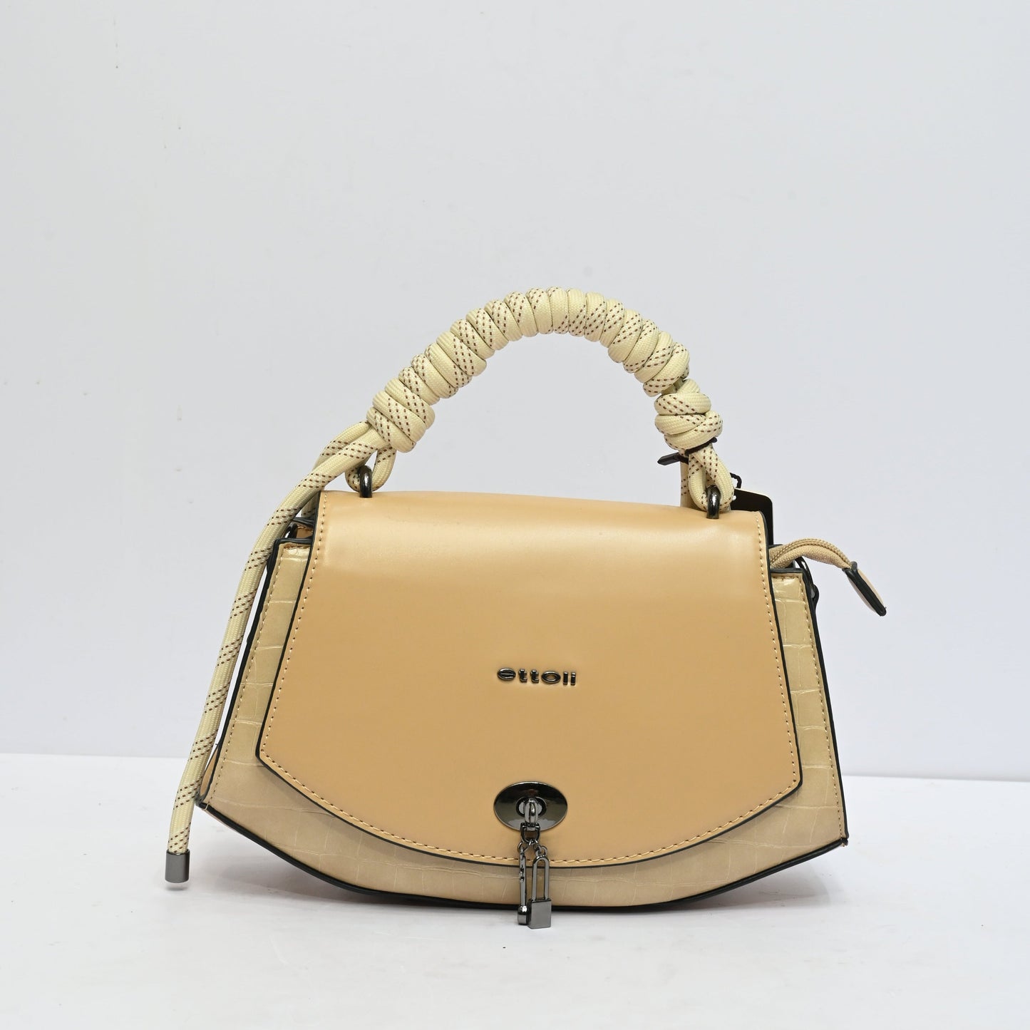 Ivory Luxe Knot Handle Handbag for Women in Cream Beige with Structured Satchel Design Gold Tone Lock Closure and Detachable Shoulder Strap