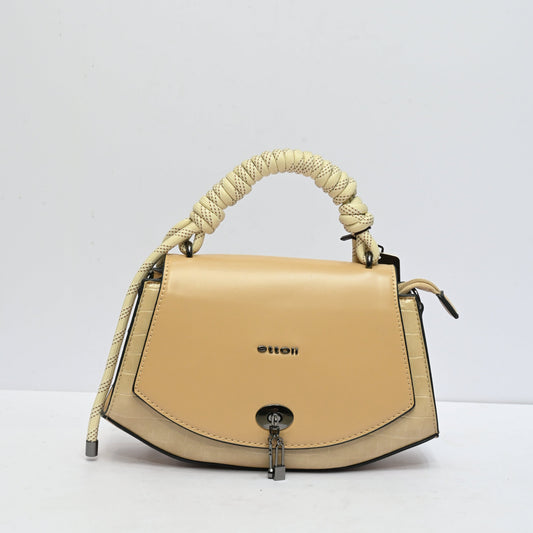 Ivory Luxe Knot Handle Handbag for Women in Cream Beige with Structured Satchel Design Gold Tone Lock Closure and Detachable Shoulder Strap