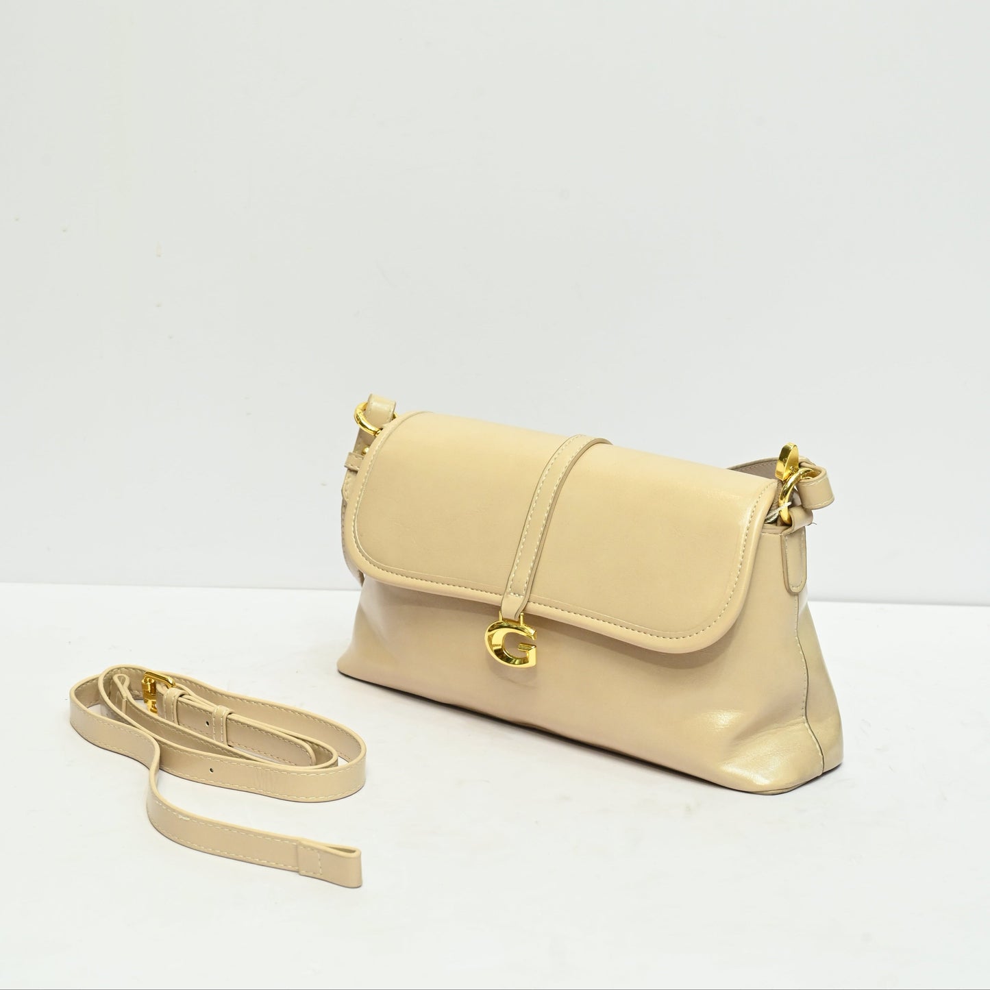Mini Shoulder Bag for Women in Cream with Flap Closure and Adjustable Strap