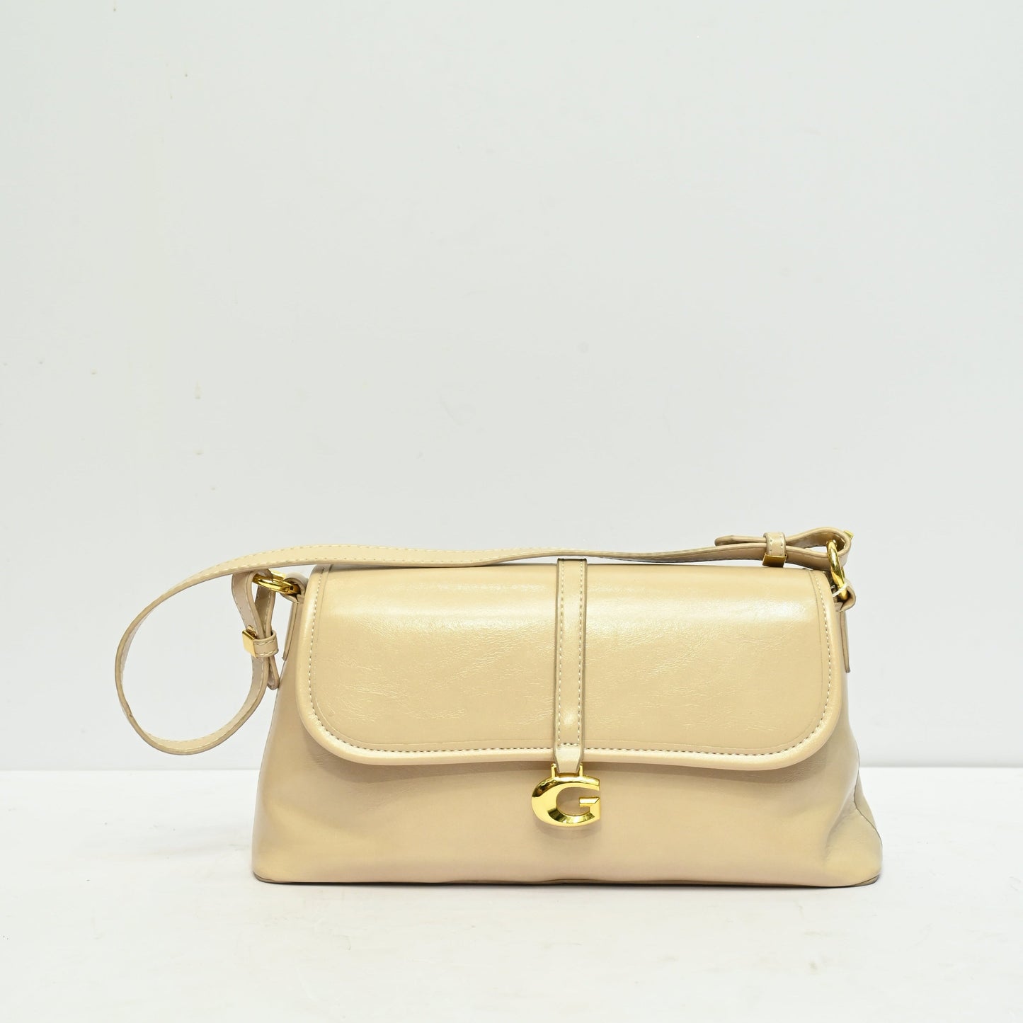 Mini Shoulder Bag for Women in Cream with Flap Closure and Adjustable Strap