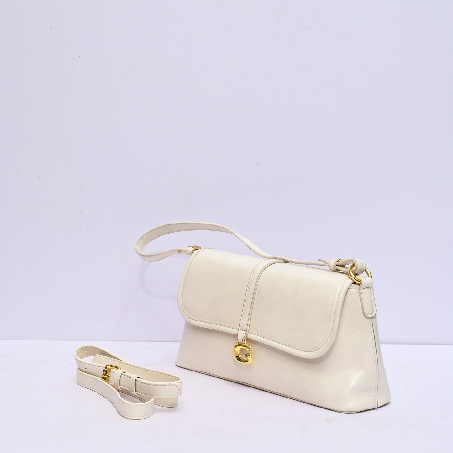 Mini Shoulder Bag for Women in Ivory White with Flap Closure and Adjustable Strap