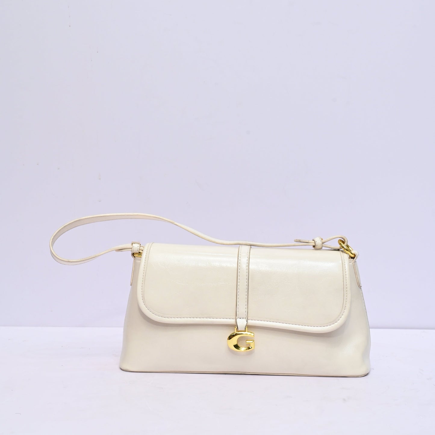 Mini Shoulder Bag for Women in Ivory White with Flap Closure and Adjustable Strap