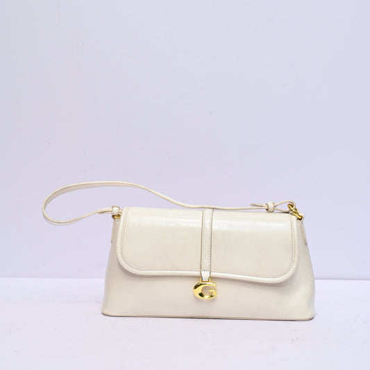 Mini Shoulder Bag for Women in Ivory White with Flap Closure and Adjustable Strap
